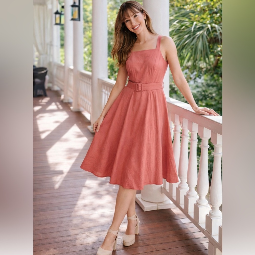 Gal Meets Glam Ruth Pink Linen Fit & Flare Dress Belted Square Neck Size 12